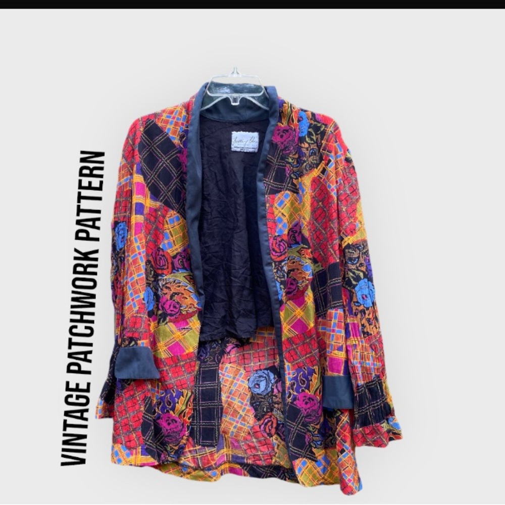 Vintage Britany Blū Blu patchwork plaid floral art to wear cardigan jacket 12